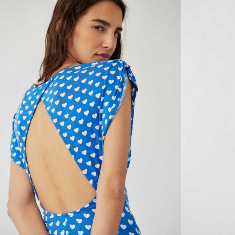 Free people Lakeside PolkaDot Heart Side Slit Cutout Back Maxi Dress Size M Blue - Picture 4 of 14